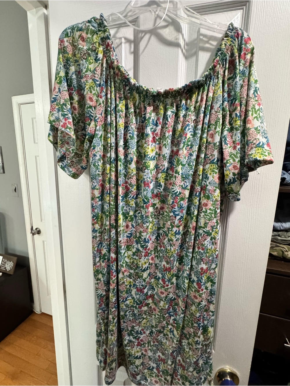 H&M Floral Off-Shoulder Mini Dress in Green, Pink, Blue